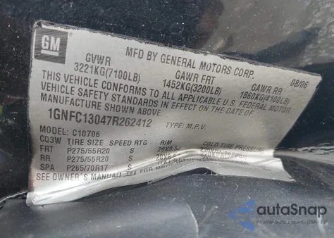 2007 Chevrolet Tahoe Ltz from USA, damaged, VIN 1GNFC13047R262412